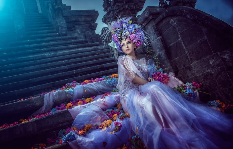 flowers, petals, dress, art, moonlight, the bride, blue moon for , section ÑÑÐ¸Ð»Ñ, Pink and Blue Moon, HD wallpaper
